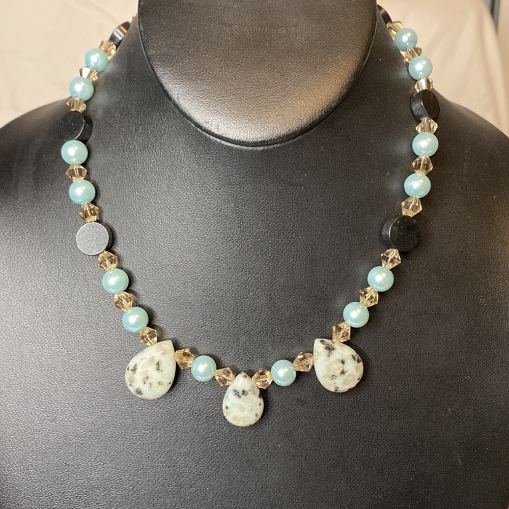 Dalmatian Jasper necklace Swarovski crystal glass pearl